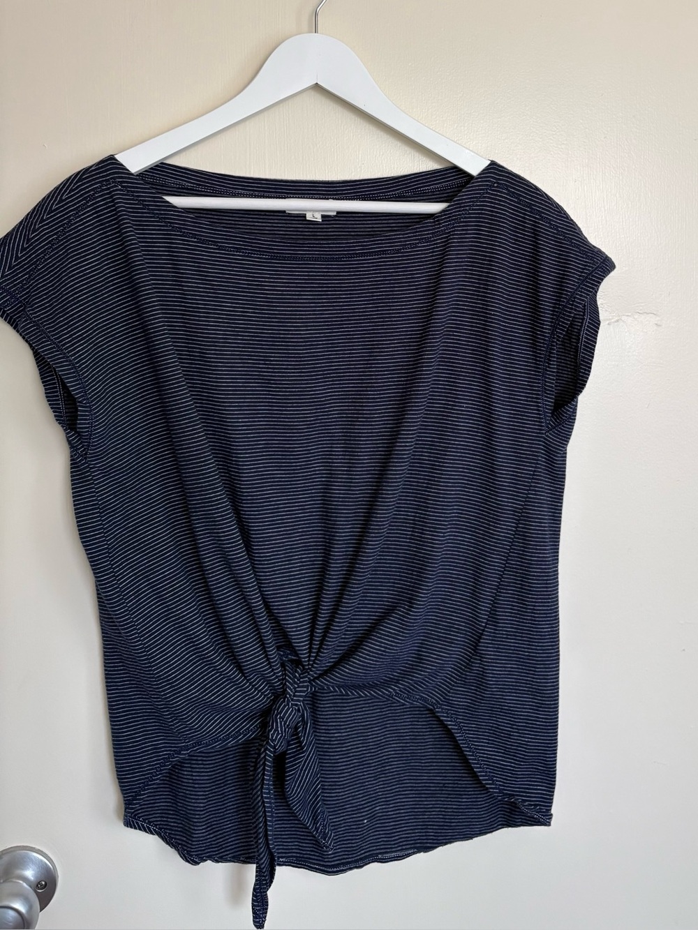 Max Studio Navy & White Striped Tie-Front Crop Top
